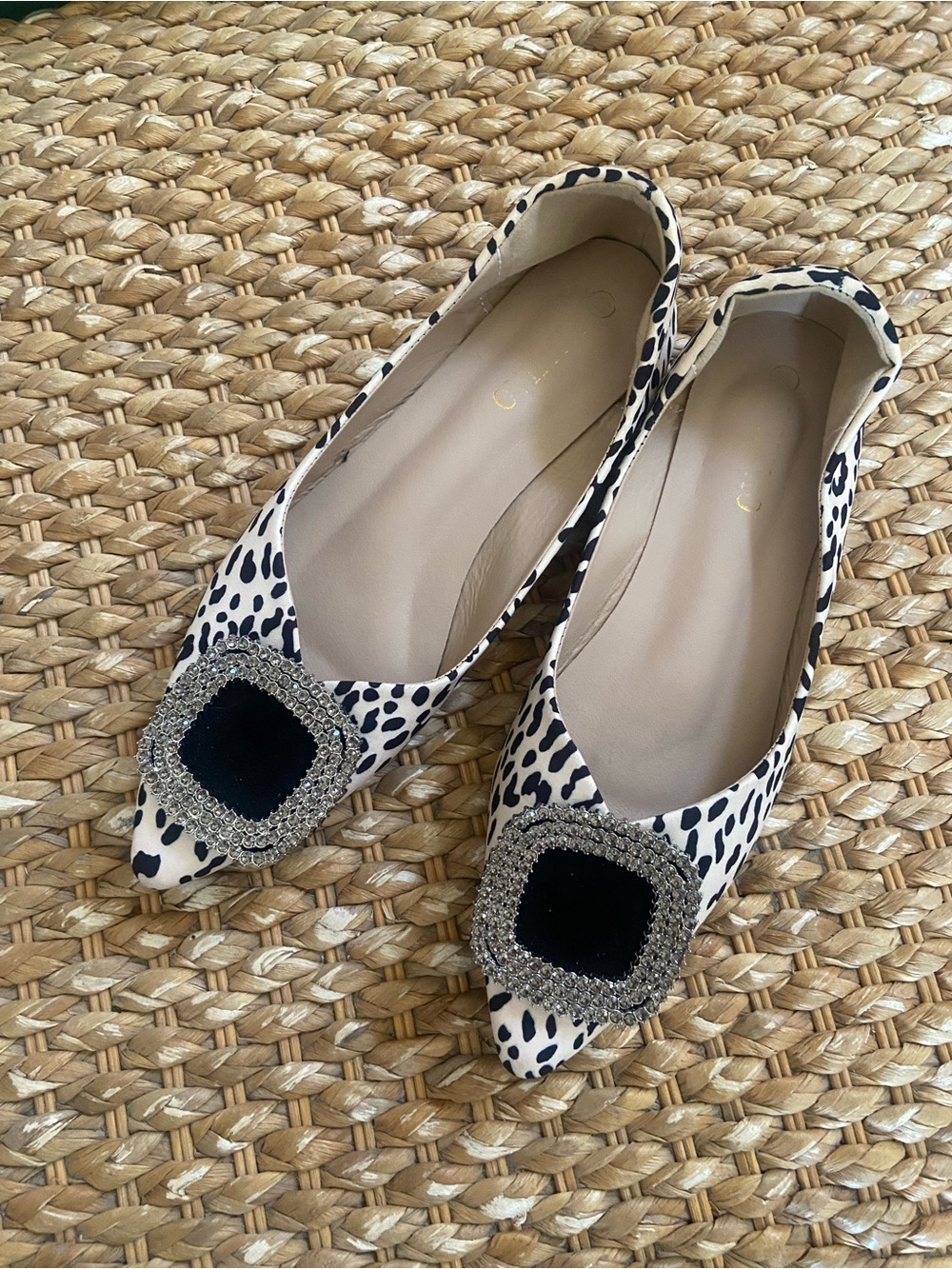 Pointed Toe Leopard-Print Flats with Crystal Square Buckle - Black & White